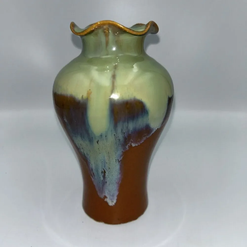 Vintage Ceramic Vase Ruffled Rim Blue Green Brown Glazed Decor - Made in Vietnam